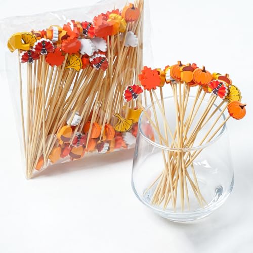 Thanksgiving Fall Cocktail Toothpicks 100 Pack Natural Bamboo Food Skewers