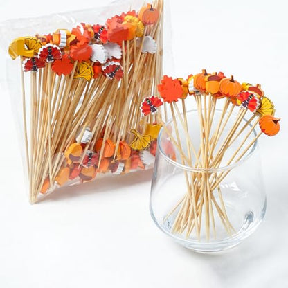 Thanksgiving Fall Cocktail Toothpicks 100 Pack Natural Bamboo Food Skewers