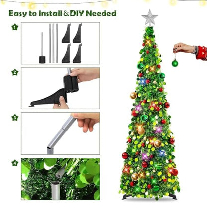 Collapsible 5Ft Green Tinsel Christmas Tree with Lights & 30 Ornaments - Holiday Decor