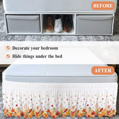 Fall Maple Leaves Bed Skirt Queen Size 16 Inch Drop Wrap Around Autumn Bedding - White, Terracotta, Pumpkin, Burnt Orange