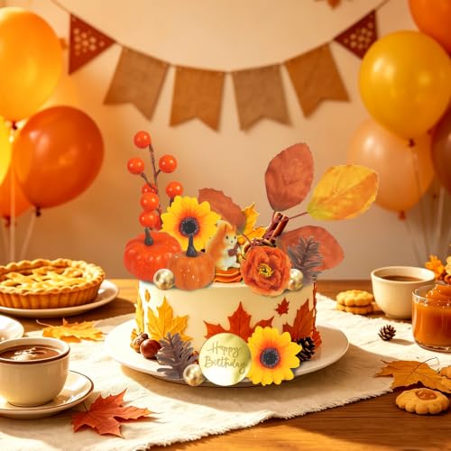 Fall Cake Topper Set with Autumn Flowers and Decorations - 26 Pieces