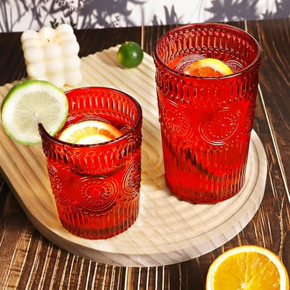 12 Pcs Vintage Highball Glass Set - 12oz & 9oz Embossed Ribbed Tumblers, Sunflower Pattern, Christmas Red (Variation: Red)