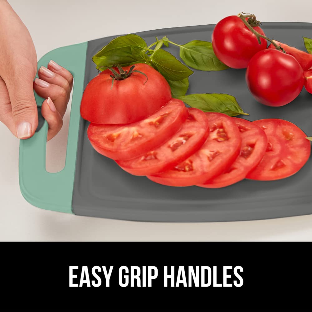 The Original Gorilla Grip Oversized 100% BPA Free Reversible Durable Kitchen Cutting Board Set of 3, Juice Grooves, Dishwasher Safe, Easy Grip Handle Border, Food Chopping Boards, Cooking, Mint Gray