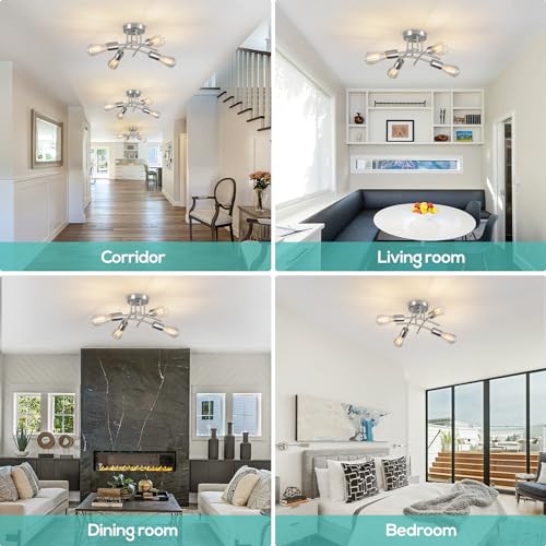 piano7797 4-Light Industrial Semi Flush Mount Ceiling Light Fixture, Modern Sputnik Chandelier Light Fixture,Brushed Nickel Ceiling Light Fixture for Kitchen Bedroom Living Room Hallway 2 Pack