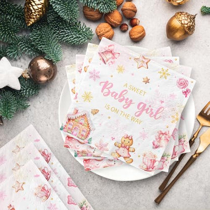 Christmas Gingerbread Baby Shower Napkins - Pink 48 Pack for Holiday Parties