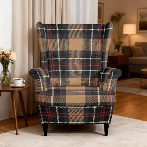 Brown Tartan Wingback Chair Cover 2 Pieces - Snug Fit, Protective & Easy to Install