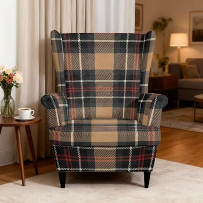 Brown Tartan Wingback Chair Cover 2 Pieces - Snug Fit, Protective & Easy to Install