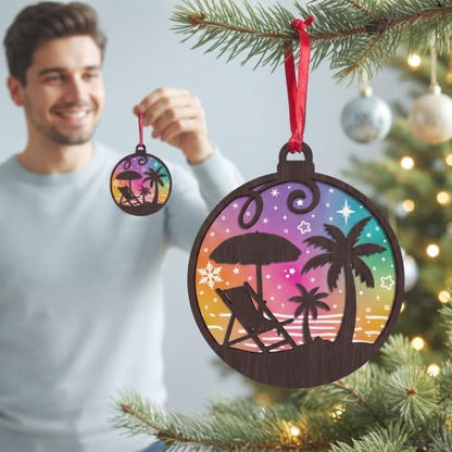 Beach Palm Christmas Ornament - Coastal Holiday Tree Decor, 4 Inch Plywood & Frosted Acrylic