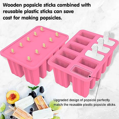 Homemade Popsicle Molds Shapes, Silicone Frozen Ice Popsicle Maker Non-BPA, with 50 Popsicle Sticks, 50 Popsicle Bags, 10 Reusable Popsicle Sticks, Funnel, Brush and Ice Pop Recipes(Pink)