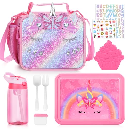 JYPS Unicorn Bento Box for Kids with Insulated Lunch Bag, Lunch box Set with kids water bottle,Sauce Container,Ice Pack,Utensils,Perfect Lunch Container for Girls and Toddlers Back to School Age 7-15