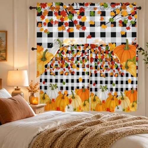 Black Orange Fall Pumpkins Window Curtains Set 3 Pieces - 27.5W x 36L