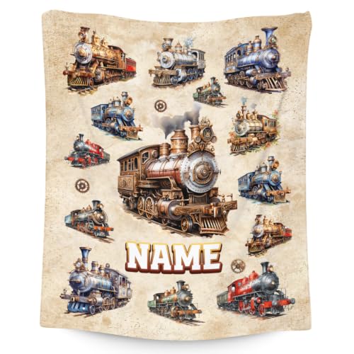 Personalized Boys Train Blanket - Brown Flannel Kids Throw