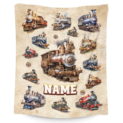 Personalized Boys Train Blanket - Brown Flannel Kids Throw