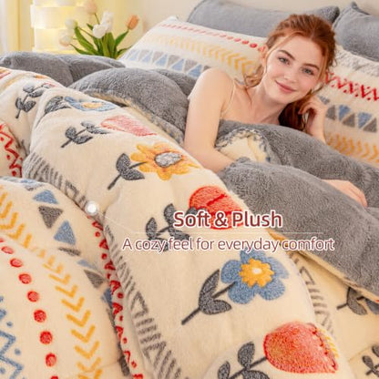 Queen Boho Floral Plush Comforter - Warm & Fluffy Winter Bedding