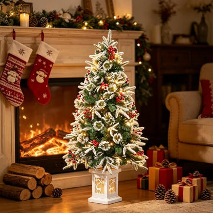 4 Ft Pre-Lit Artificial Christmas Tree with Snow-Flocked Branches & Potted Lantern Base - 1 Pack - Variation of 1 / 4ft