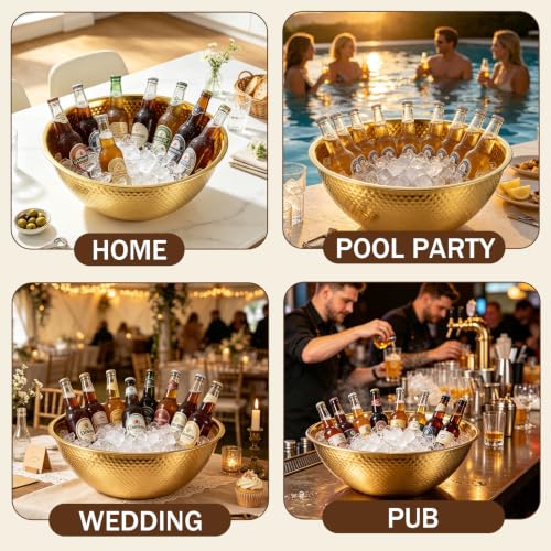 Gold Hammered Stainless Steel Beverage Tub Set - 2 Large 16.4 Qt Chiller Bins for Parties