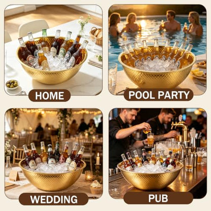 Gold Hammered Stainless Steel Beverage Tub Set - 2 Large 16.4 Qt Chiller Bins for Parties
