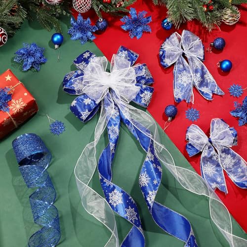 Christmas Tree Decorations Set - Blue & Glitter Holiday Ornaments with Bow Toppers