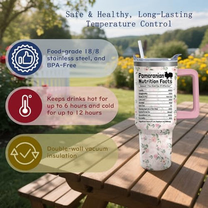 40oz Pomeranian Dog Tumbler with Handle and Straw - Insulated Stainless Steel Travel Mug for Dog Lovers - Birthday & Mother's Day Gift - Animal Lover Gift