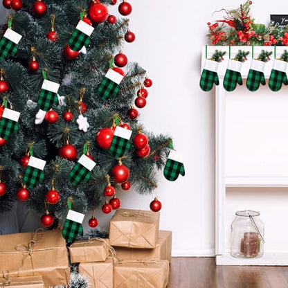 Mini Hanging Christmas Stockings Set - Green Black Plaid & White Trim, 12 Pack