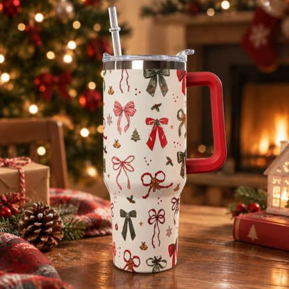 Christmas Bow 40oz Insulated Travel Tumbler with Handle - Festive Stainless Steel Mug