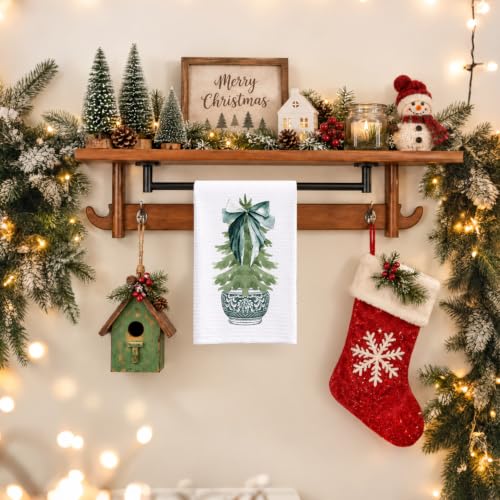 Christmas Green Chinoiserie Kitchen Towels - Dark Green Porcelain Tree Hand Towels, 16x24 Inch, Holiday Decor