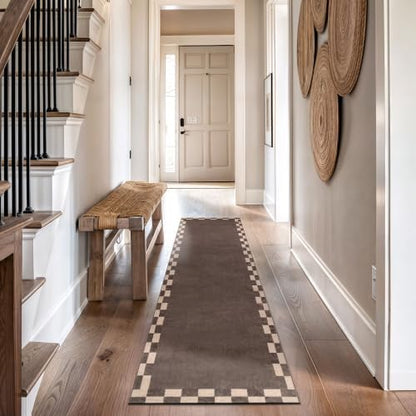 Checkerboard Border Washable Non-Slip Runner Rug 2'x10' Brown - Rectangular