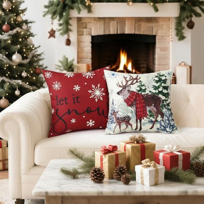 Artscope Christmas Throw Pillow Covers 18x18 Inch Set of 4 Red Scottish Tartan Snowman Reindeer Holiday Decor
