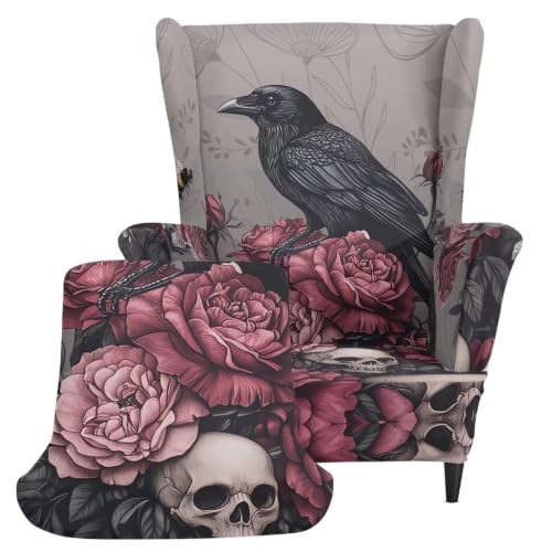 Gothic Raven Rose Wingback Armchair Cover - Stretch Slipcover for Dining Room