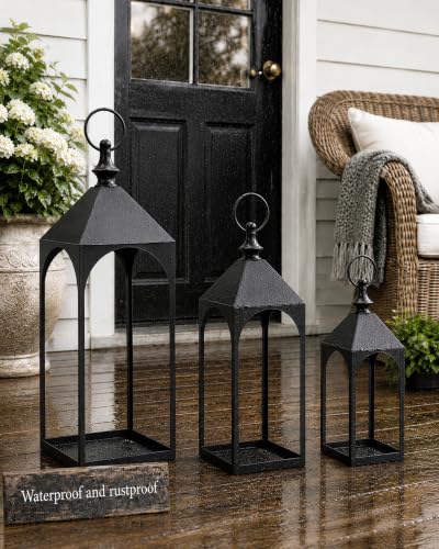 Large Outdoor Floor Lantern Set of 3 - Black Metal Garden Lanterns for Porch & Patio