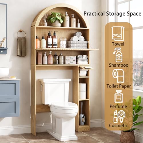 31-Inch Arched Over Toilet Storage Cabinet with Fluted Doors - Natural