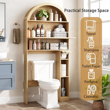 31-Inch Arched Over Toilet Storage Cabinet with Fluted Doors - Natural