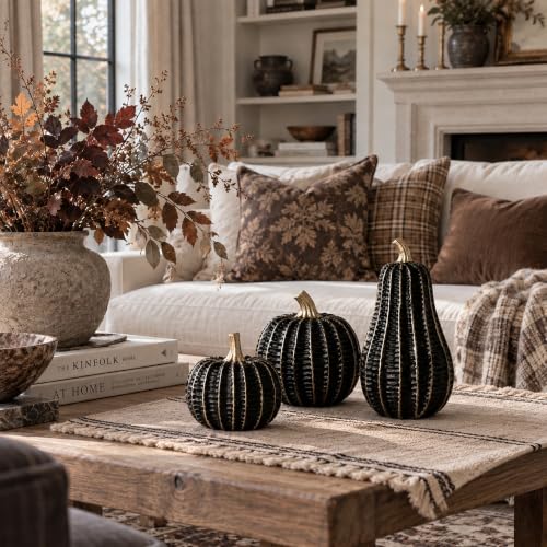 Black & Gold Resin Pumpkin Decorations Set - Fall Halloween Home Accent