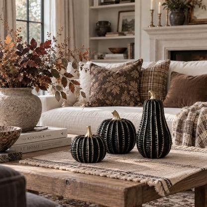Black & Gold Resin Pumpkin Decorations Set - Fall Halloween Home Accent
