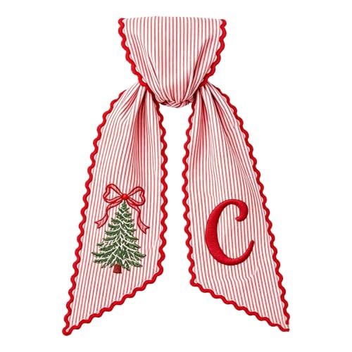 Christmas Wreath Sash for Front Door Red White Striped Fabric Bow with Printed Tree & Letter - Variation C
