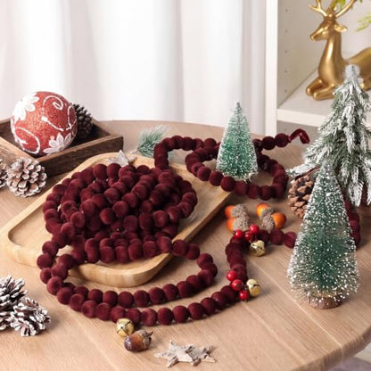 9FT Velvet Bead Christmas Garland - Dark Red Flocked Holiday Decor