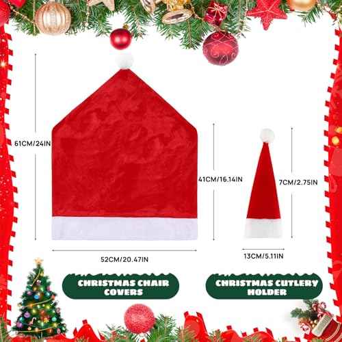 Christmas Chair Cover, Santa Hat Chair Covers with 4Pcs Silverware Holders Santa Chair Back Cover for Christmas Dinner Table Holiday Party Decoration