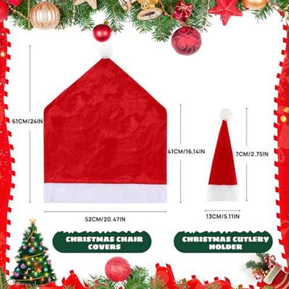 Christmas Chair Cover, Santa Hat Chair Covers with 4Pcs Silverware Holders Santa Chair Back Cover for Christmas Dinner Table Holiday Party Decoration