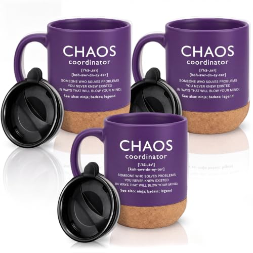 Purple Ceramic Mug with Lid and Cork Bottom - Chaos Coordinator Gift Set (3 Pieces)