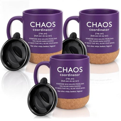 Purple Ceramic Mug with Lid and Cork Bottom - Chaos Coordinator Gift Set (3 Pieces)