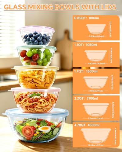 Glass Mixing Bowls Set with Lids - 5 Sizes Kitchen Prep Storage