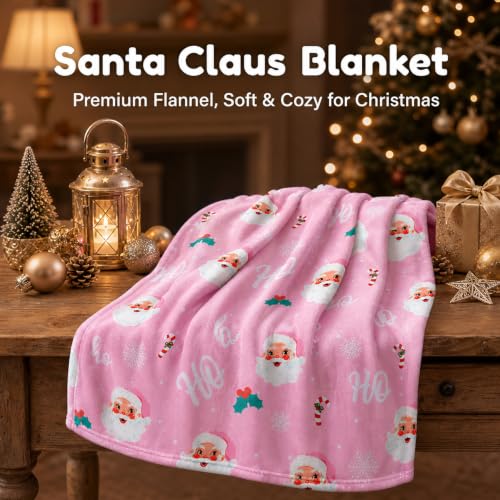 Pink Santa Claus Christmas Throw Blanket 50x60 Inch Cozy Flannel