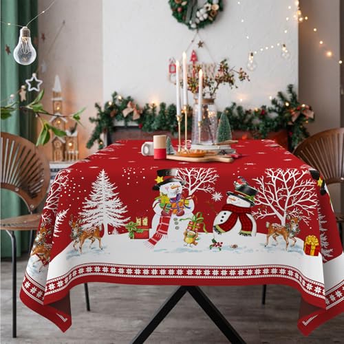 Christmas Tablecloth 60x102 Inch Red Elk Santa Snowman Waterproof Polyester