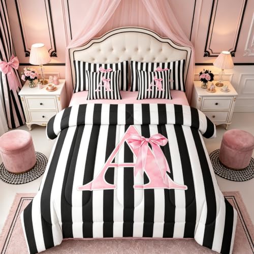 Pink Reversible Initial Letter A Comforter Set Queen Size - Black Pink Variation
