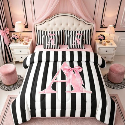 Pink Reversible Initial Letter A Comforter Set Queen Size - Black Pink Variation