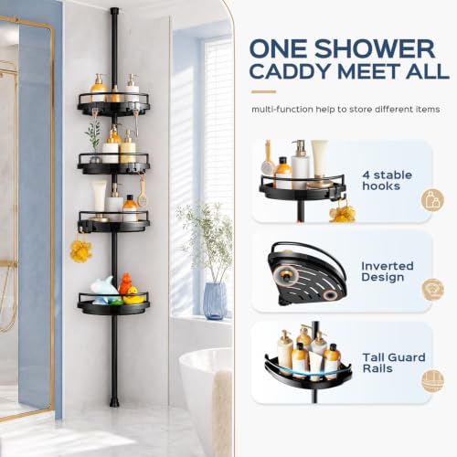 HAMITOR Black Corner Shower Caddy Tension Pole 4-Tier Rustproof Organizer
