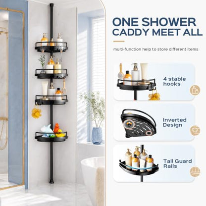 HAMITOR Black Corner Shower Caddy Tension Pole 4-Tier Rustproof Organizer