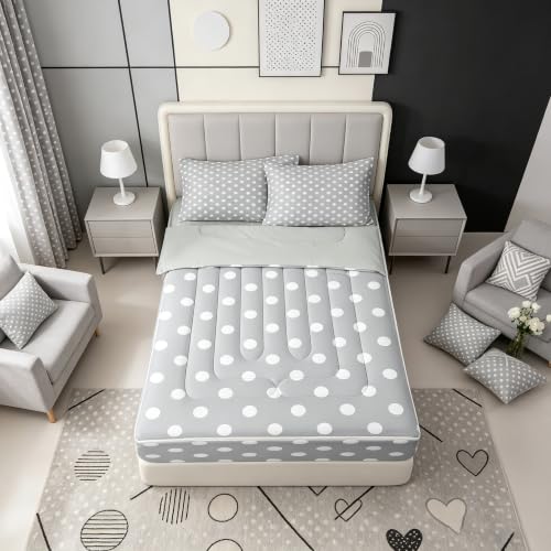 Kids Full Size Polka Dot Bedding Set with Zipper Comforter & Fitted Sheet - Grey White Cartoon