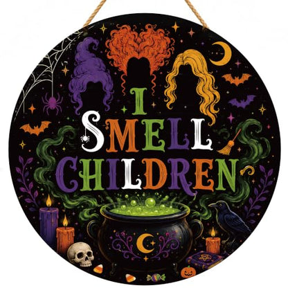 Halloween Door Sign I Smell Children - Witch Themed Front Door Decoration - Orange & Green