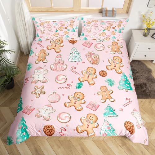 Pink King Size Duvet Cover Set with Gingerbread Man Pattern - No Comforter